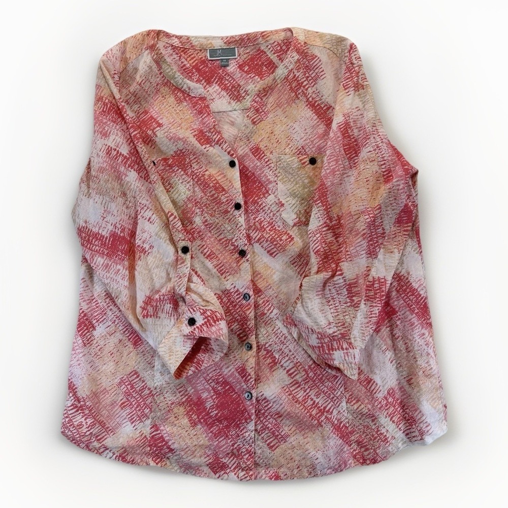 JM Collection 100% Linen‎ Tunic 14 Pink Orange Abstract Utility Roll Tab Sleeves